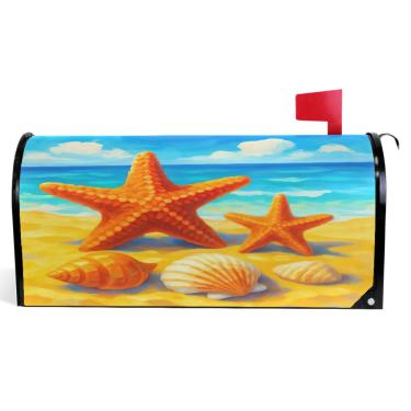 Imagem de TSENQUE Aquarela Estrela-do-mar Praia Azul Mar Decorativas Caixas de Correio Vinil Magnético Envoltório Caixa de Correio Verão Moderno Decorações de Caixa de Correio Tamanho Padrão 52,6 x 45,8 cm