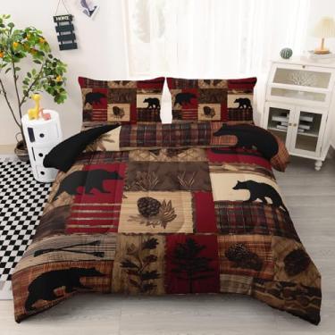 Imagem de AILONEN Conjunto de edredom queen com urso, caça à vida selvagem com tema de plantas, 3 peças, para crianças e adultos, estampa xadrez vintage com 2 fronhas