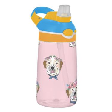 Imagem de Garrafa de água esportiva de 473 ml com canudo para crianças, meninas, meninos, 473 ml, garrafa de água reutilizável Tritan portátil, à prova de vazamento, alça de transporte, caras de cachorro fofas