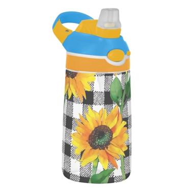 Imagem de Girassóis Garrafa de água xadrez preta e branca para crianças com canudo 473 ml 473 ml Garrafa de água esportiva Tritan portátil à prova de vazamento, copo de viagem infantil, reutilizável, alça de
