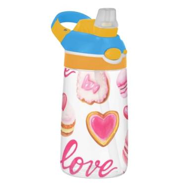 Imagem de Cute Pink Red Cakes Garrafa de água infantil com canudo 473 ml 473 ml Tritan Sports Garrafa de água portátil reutilizável para crianças, à prova de vazamento, alça de transporte