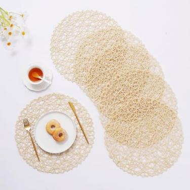Imagem de IcosaMro Jogo americano de tecido redondo conjunto de 12 para mesa de jantar, 38 cm de papel boho decorativo círculo, tapetes para casamento, Natal, Dia de Ação de Graças, jantar de férias (bege)