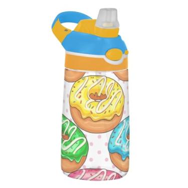 Imagem de Garrafa de água infantil colorida Dounts com canudo 473 ml 473 ml Garrafa de água de plástico Tritan portátil à prova de vazamento, reutilizável, alça de transporte