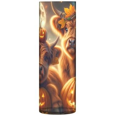 Imagem de Vaca de Halloween Highland Vaca Abóbora Grande Vaso de Plástico Bonito Vaso Cilindro para Mesa Decorativa Decoração de Apartamento Estética, 30 cm x 9,9 cm