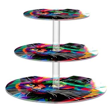 Imagem de Suporte de cupcake de 3 níveis para festa chá de bebê, acrílico para exibição de torre de cupcake, gato preto, colorido, arco-íris, sobremesa, decorações de mesa para festa