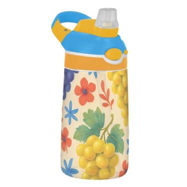 Imagem de Garrafa de água infantil roxa amarela uvas bege com canudo 473 ml Tritan 473 ml garrafa de água esportiva à prova de vazamento, copo infantil reutilizável, portátil, alça de transporte