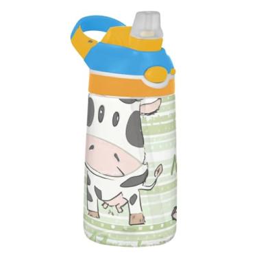 Imagem de Garrafa de água infantil fofa verde vaca 473 ml Tritan garrafa de água de plástico portátil com tampa de canudo 473 ml reutilizável para crianças à prova de vazamento, alça de transporte