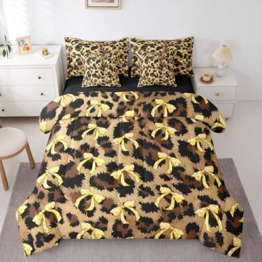Imagem de Erosebridal Jogo de cama King com estampa de leopardo, 7 peças, com laços, guepardo e leopardo, em uma bolsa com lençol de cima e lençol com elástico com tema de animal selvagem africano