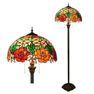 Imagem de Luminária de chão Tiffany com vitral, 40x40x162 cm, estilo Art Nouveau tradicional, com rosas, tulipas, glicínias, libélulas e flores de cerejeira. Luminária de canto antiga com haste.
