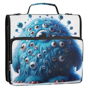 Imagem de Organizador de fichários de negócios de 3,8 cm com 3 anéis de monstro engraçado azul com zíper, vários bolsos, pasta de portfólio grande, bolsa escolar com alça de ombro