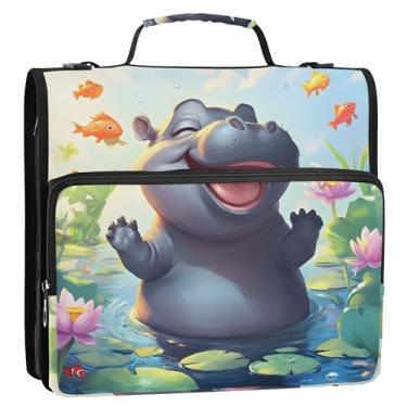 Imagem de Organizador básico de fichário com zíper de 3,8 cm, 3 anéis, desenho fofo, hipopótamo, lótus, pasta de armazenamento com alça para fichário escolar com alça de ombro