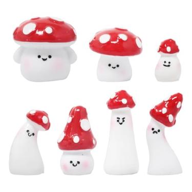 Imagem de Conjunto de 7 peças de decoração de resina de cogumelo sorridente mini adoráveis estatuetas de desenho animado para artesanato DIY, jardim de fadas, decoração de mesa, decoração de casa, lembrancinhas