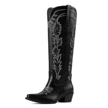 Imagem de femflame Botas femininas caubói pretas na altura do joelho com bico fino, salto grosso, zíper, bordado, cowgirl, bico largo, botas ocidentais de couro, Preto, 39