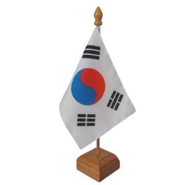 Imagem de Bandeira de Mesa Elegance, Coreia do Sul, Dupla Face, Multicolorido, 19x30cm, Base em Madeira Natural, para Escritório, Eventos, Decoração