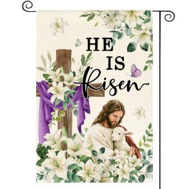 Imagem de AVOIN colorlife Bandeira de jardim de Páscoa He Is Risen, 30,5 x 45,7 cm, dupla face externa, cruz de cordeiro de Jesus e flores de lírio
