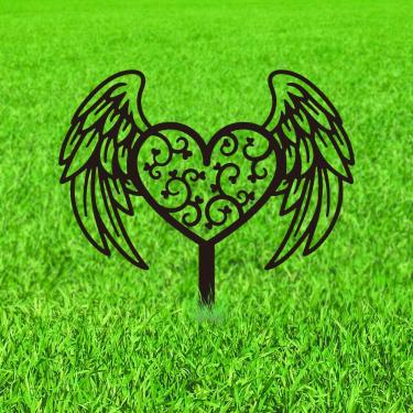 Imagem de WADORN Estacas de jardim decorativas de metal com asas de coração, silhueta de asas de anjo, estátuas de metal ao ar livre, placas memoriais pretas à prova de intempéries, decorações para ambientes
