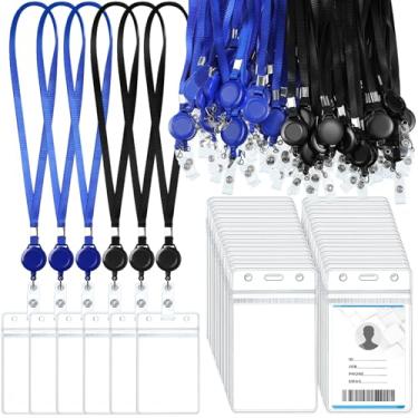 Imagem de Marspark Conjunto de 50 conjuntos de cordões com porta-identidade, inclui cordão plano com carretel retrátil para crachá e nome de cartão vertical transparente e suporte de crachá para carteira de