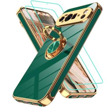 Imagem de Gritup Capa para Google Pixel 10 Pro XL: 2 peças protetoras de tela | Suporte magnético de rotação de 360° | Capa protetora básica de TPU macio com borda dourada revestida para Pixel 10 Pro XL verde