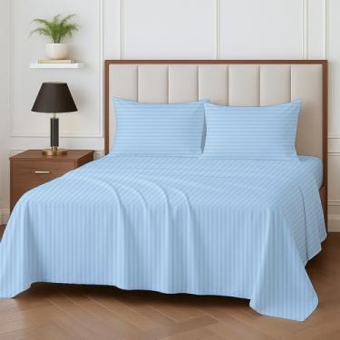 Imagem de Lençóis King Size - 100% algodão egípcio - Lençol com elástico profundo de 38 cm - Lençóis refrescantes - Jogo de lençol premium de 4 peças para cama king - listra azul claro