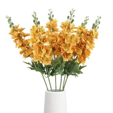 Imagem de IPOPU 6 peças de flores de seda Delphinium laranja, 73 cm, flores artificiais de espora de larkspur, caules artificiais, para casamento, jardim, casa, arranjo floral, peça central (laranja)