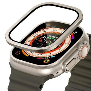 Imagem de FULNES Vidro temperado para Apple Watch Ultra 49 mm moldura de metal titânio filme anti-arranhões para série Ultra 2 protetor de tela acessórios, 49mm, Ágata