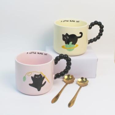 Imagem de TRUSTABOGE Caneca de café fofa - Conjunto de 2 canecas de cerâmica - Copos de porcelana para gatos com alça e colheres, caneca de latte, caneca grande para mulheres, homens, ótima para chá, chocolate