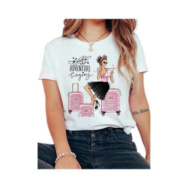 Imagem de Camiseta Feminina Casual De Manga Curta Com Gola Redonda, Tema Viagem,