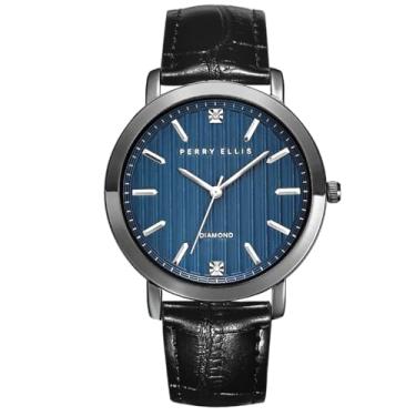 Imagem de Perry Ellis Relógio masculino Slim Diamond – mostrador azul redondo, pulseira de couro preto, analógico resistente à água
