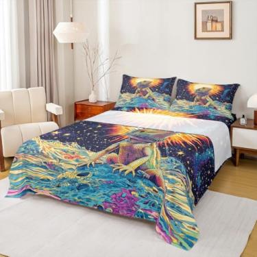 Imagem de Manfei Jogo de cama solteiro de dragão barbudo, desenho animado lagarto réptil, animais de fácil lavagem, decoração de quarto infantil da lua estrela, lençol colorido (com elástico + 1 fronha)