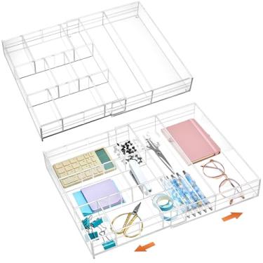 Imagem de Briwooody 2 organizadores de gaveta de mesa de acrílico, máximo de 11,8 x 43 x 43 cm, bandejas organizadoras expansíveis com 7 compartimentos ajustáveis, acessórios de mesa para maquiagem, talheres