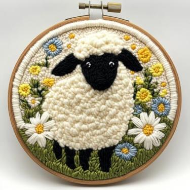 Imagem de Kits de agulhas de punção faça-você-mesmo, lindas flores de ovelhas pretas e brancas, fácil para iniciantes, conjunto de bordado para amantes de artesanato com padrão impresso e argola para decoração