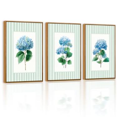 Imagem de QTUSYUR Arte de parede de hortênsia azul listrada - Impressão de arte minimalista de fazenda - Arte em tela floral de fazenda para quarto e sala de estar - Imagens de parede de flores elegantes