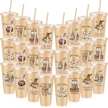 Imagem de Chuangdi 24 copos mágicos de feiticeiro 680 g copos reutilizáveis de plástico com tampas e canudos, copos temáticos para bruxo mágico, decorações de aniversário, lembrancinhas de festa, suprimentos