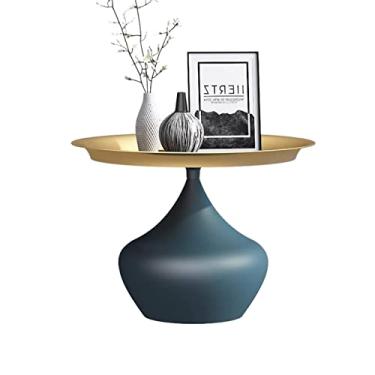 Imagem de Mesa lateral redonda moderna de 59,9 cm, mesa de canto de metal resistente para sala de estar, cabeceira, mesa de centro moderna para espaços pequenos, mesa de cabeceira de metal simples (ouro + azul)