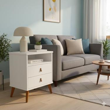 Imagem de Mesa de Cabeceira Para Quarto Roma Bide 2 Gavetas Puxador em Couro Pés Palitos Retrô (Branco)