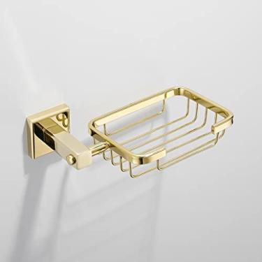 Imagem de Conjunto de ferragens de banheiro acessórios de banheiro dourado suporte de parede, escova de vaso sanitário, anel de toalha, cesta de tecido, rede de sabão, espelho, suporte de papel higiênico