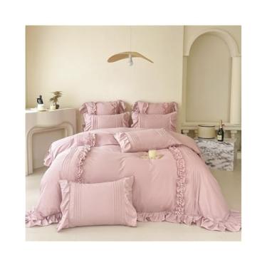 Imagem de x3anggyt5 Jogo de cama de 4 peças, estilo princesa coreana, renda, babados, cor lisa, lençol de cima / elástico (rosa, tamanho Queen, 4 peças)