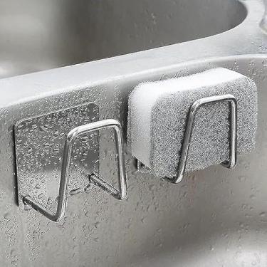 Imagem de 4 Peças Suporte para Esponjas de Aço Inoxidável Pia Cozinha Rack Secagem com Drenagem Autoadesivo Ganchos Parede Organizador Armazenamento Acessórios