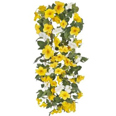 Imagem de CISDUEO 2 peças de guirlanda de glória da manhã de seda de videiras artificiais para manto, flores penduradas, plantas amarelas e brancas, petúnias falsas para decoração interna de casa, cerca de