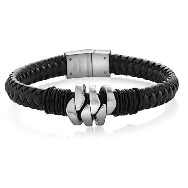 Imagem de Gem Stone King Pulseira masculina de couro genuíno abstrata de aço inoxidável (21,5 cm, 9,5 mm de largura), Aço inoxidável, vazio