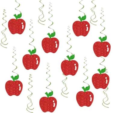 Imagem de Decorações de festa de volta às aulas para pendurar maçã, 20 peças, serpentinas de teto de maçã com glitter vermelho com folhas verdes, sala de aula, escritório, casa, frutas, artigos para festa de