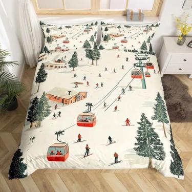 Imagem de Castle Fairy Capa de edredom de esqui tamanho casal 3 peças, desenho animado de bondinho, pinheiros verdes, conjuntos de cama para crianças, adolescentes e adultos, capa de edredom de esqui de