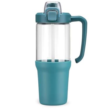 Imagem de HYDRAGLAZIC Copo de vidro de 946 ml com alça, canudo 2 em 1 e bico de gole, à prova de vazamento, garrafa de água de vidro sem BPA para esportes, escritório, escola, azul pavão