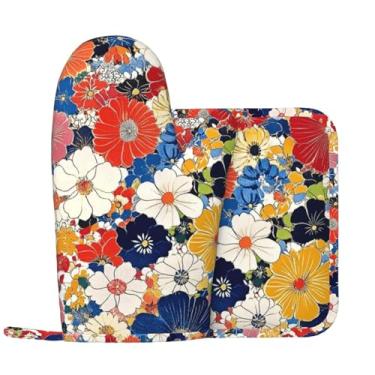 Imagem de Luvas de forno e porta-panelas flores coloridas arte étnica silicone acessórios de cozinha conjunto de 2 luvas longas resistentes ao calor pegador de panela antiderrapante para chef cozinhar, assar