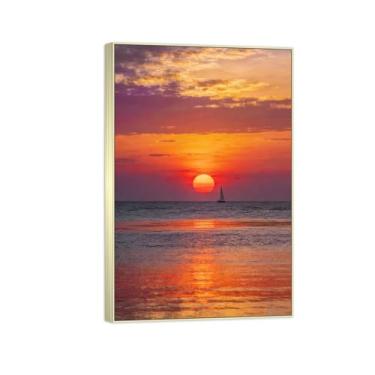 Imagem de Impressão em tela de paisagem pronta para pendurar - barco do pôr do sol do mar - pintura de arte de parede - decoração moderna para casa quadro prata 50 x 75 cm 20 x 30 pol