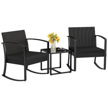 Imagem de Conjunto de Móveis de Pátio Homall 3 Peças Preto - Cadeiras de Balanço para Área Externa com Almofadas e Mesa para Varanda, Piscina