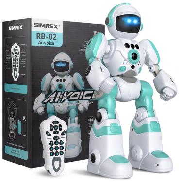 Imagem de Robô Programável Azul e Branco – SIMREX, Controle Remoto, Gravação de Voz, Dança e Sensores de Gestos para Crianças