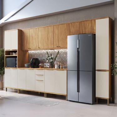 Imagem de Armário de Cozinha Modulada com Balcão e Tampo 16 Portas 3 Gavetas Nice Plus 100% Mdf Amêndoa/Off White - Pnr Móveis