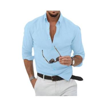Imagem de Camisa Casual Masculina De Algodão E Linho De Manga Longa, Corte Solto