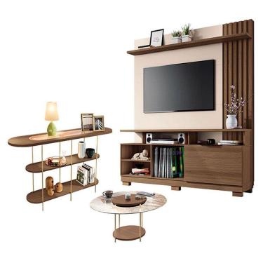 Imagem de Estante Home Theater Artheo com Mesa de Centro Sky com tampo de vidro e Aparador Infinity Castanho Off White - Hb Móveis